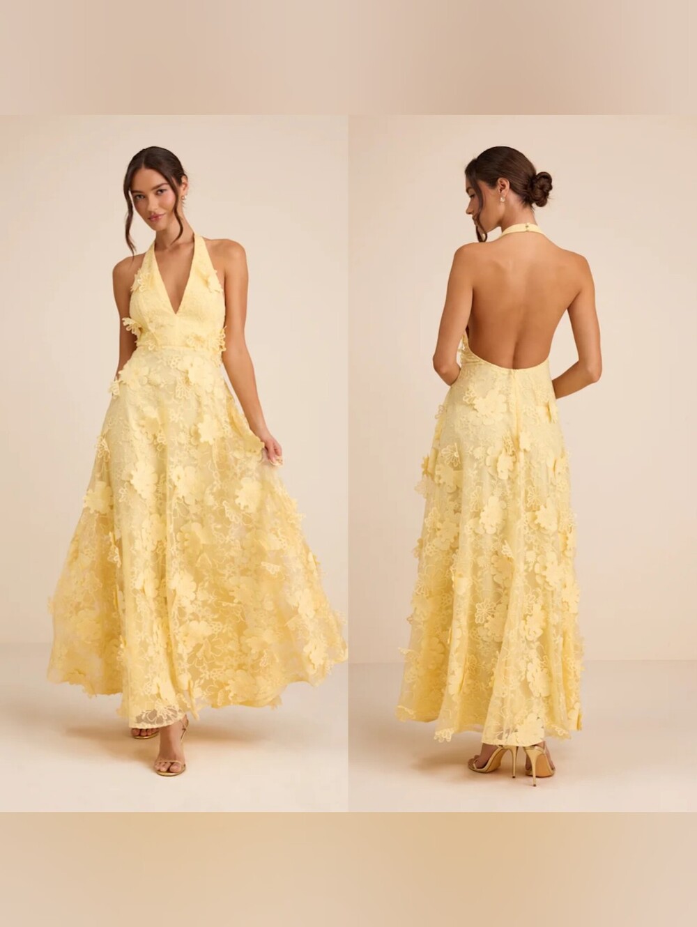 Lulus Kennia Light Yellow 3D Floral Embroidered Halter Maxi Dress XL Wedding